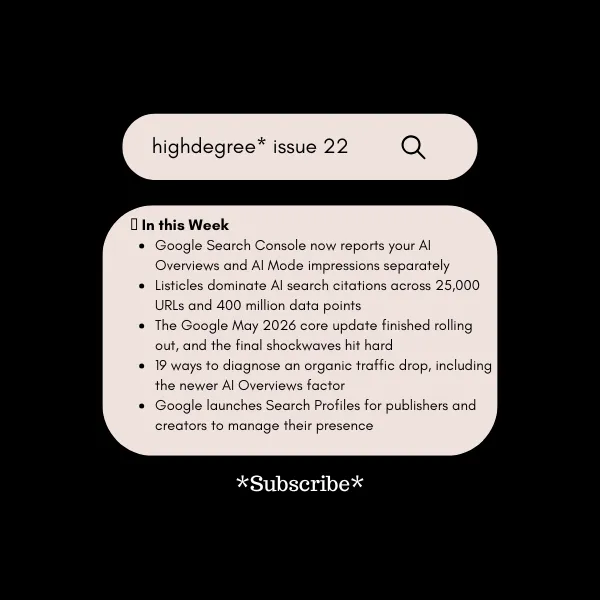 GSC Tracks AI Traffic, Listicles Win Citations & Google Core Chaos | HighDegree* – Issue 22